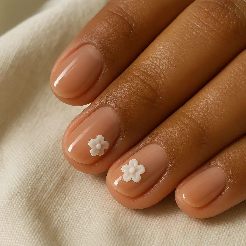 Short round nails in sheer nude with small raised white gel flowers on two nails, on morena skin against cream linen.