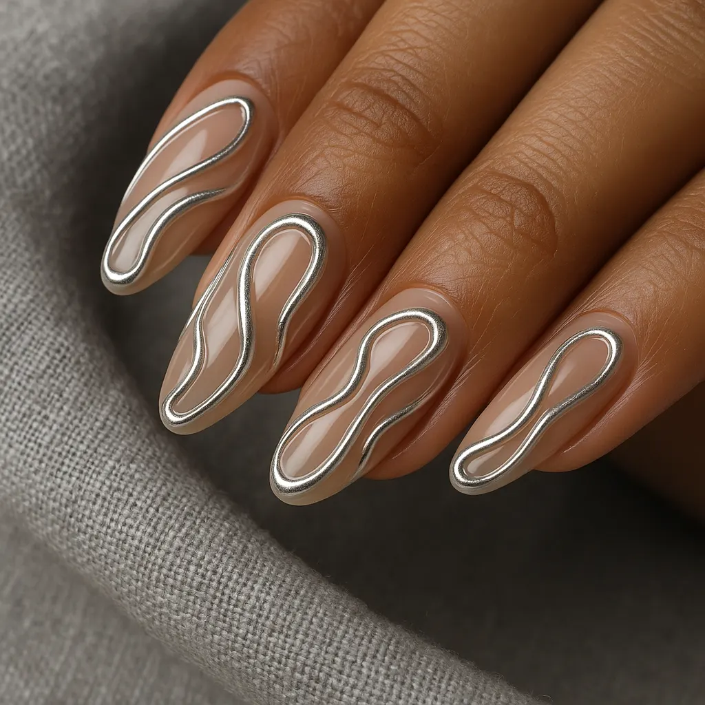 Medium almond nails in sheer nude with raised silver chrome swirl lines, on morena skin against grey linen.