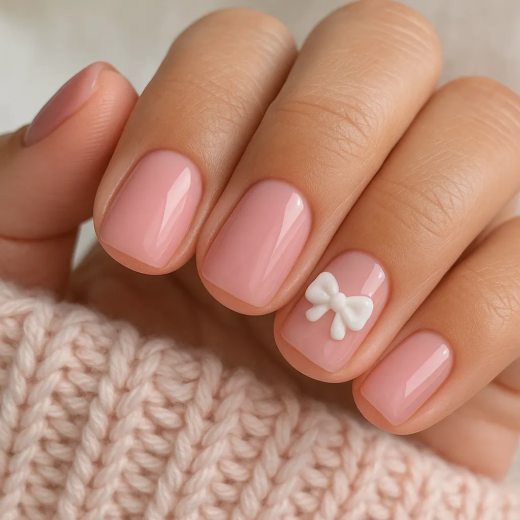 Short square nails in glossy soft pink with a small raised white bow on one nail, on light mestiza skin against a pink knit.