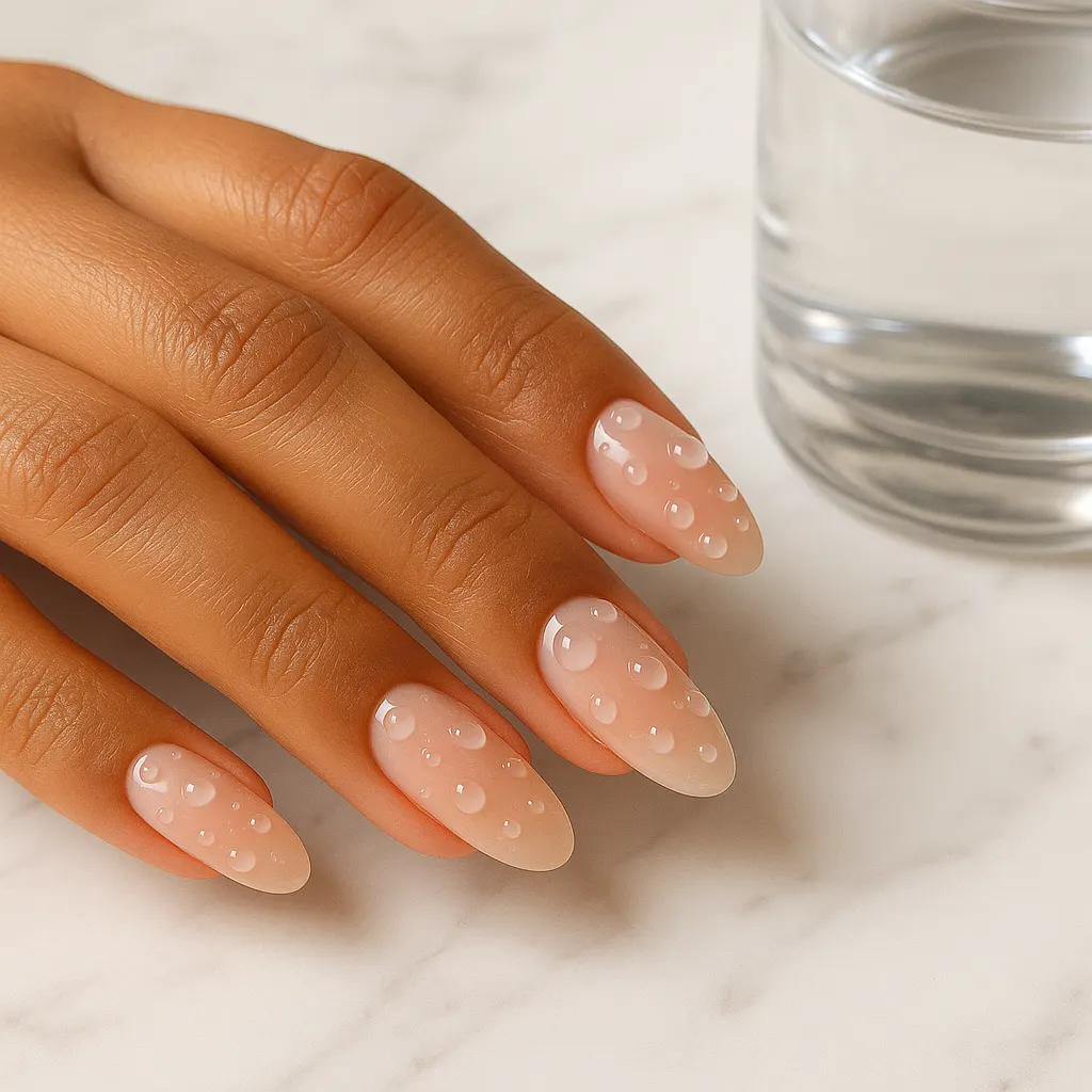 Medium almond nails in sheer peach with raised clear gel droplets that look like water, on warm tan skin beside a glass of water.