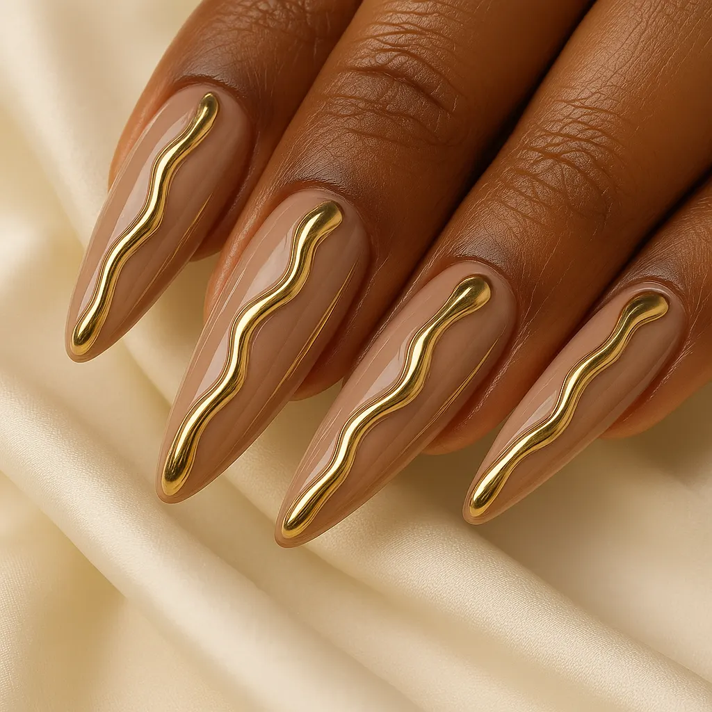 Long almond nails in glossy nude with a raised wavy line of mirror gold chrome on each, on kayumanggi skin over cream silk.