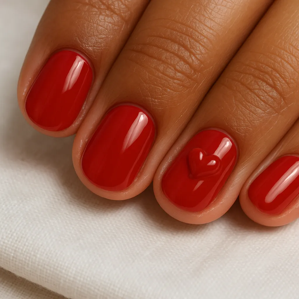 Short round nails in glossy red with one small raised red heart on one nail, on morena skin against white linen.