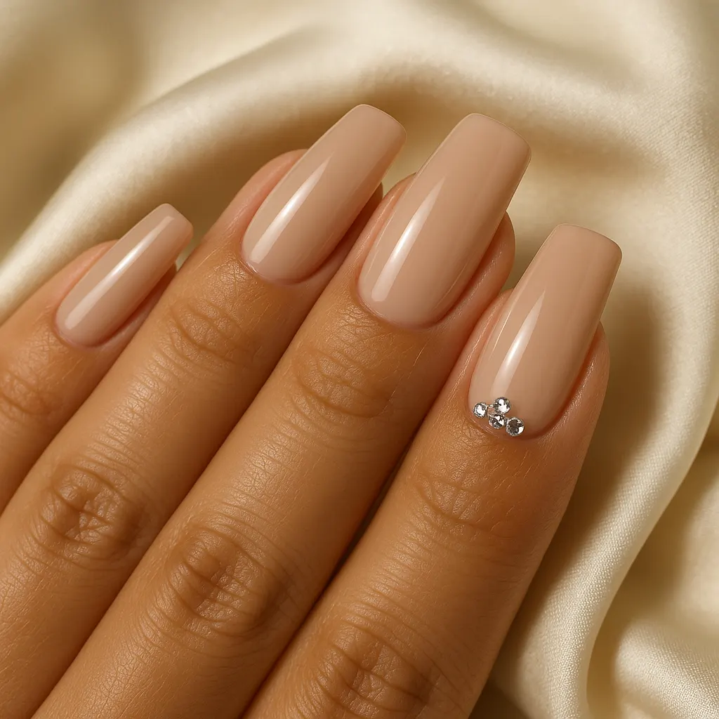Medium coffin nails in glossy nude with three small crystals near the tip of one nail, on light mestiza skin over cream satin.