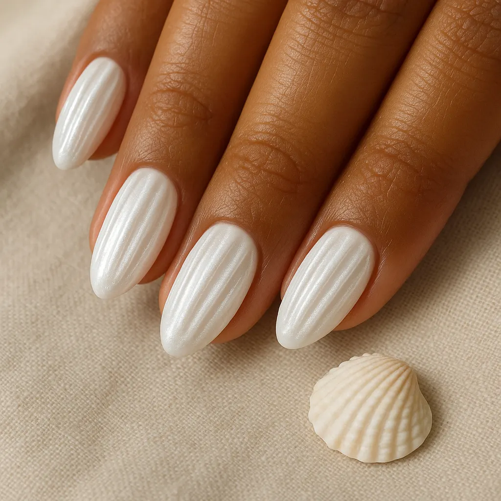 Medium almond nails in pearly white with a raised ridged seashell texture, on kayumanggi skin beside a small shell.