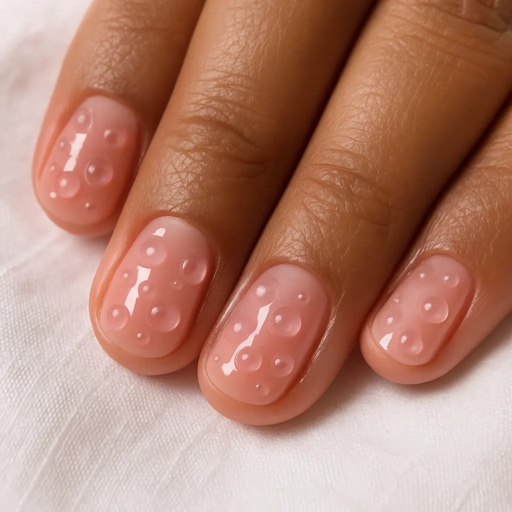 Short round nails in translucent jelly pink with raised clear bubbles, on morena skin against white linen.