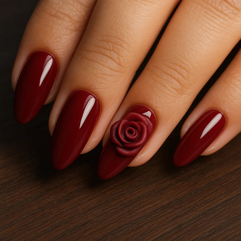 Long almond nails in glossy wine red with a raised sculpted rose on the ring nail, on light mestiza skin over dark wood.