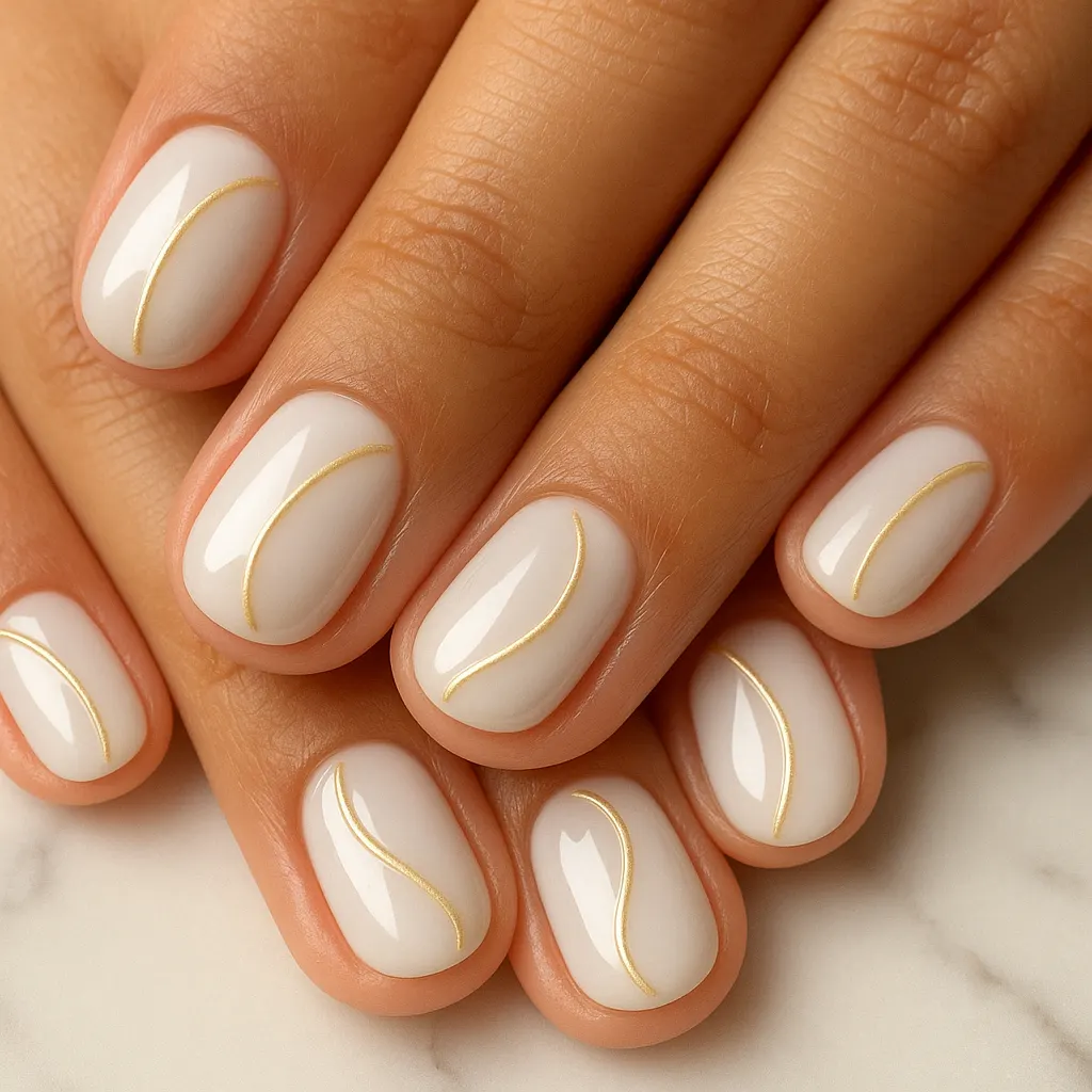 Short round nails in milky white with thin raised gold curves, on light mestiza skin over white marble.