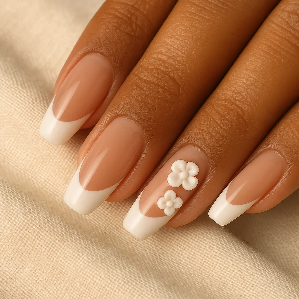 Medium square nails with white French tips and two small raised white flowers on one nail, on warm tan skin against cream linen.
