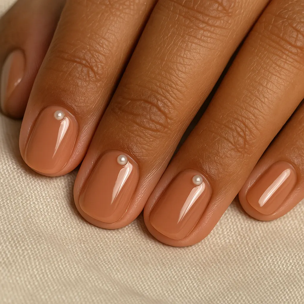 Short squoval nails in glossy warm nude with a tiny pearl at the cuticle, on morena skin against beige linen.