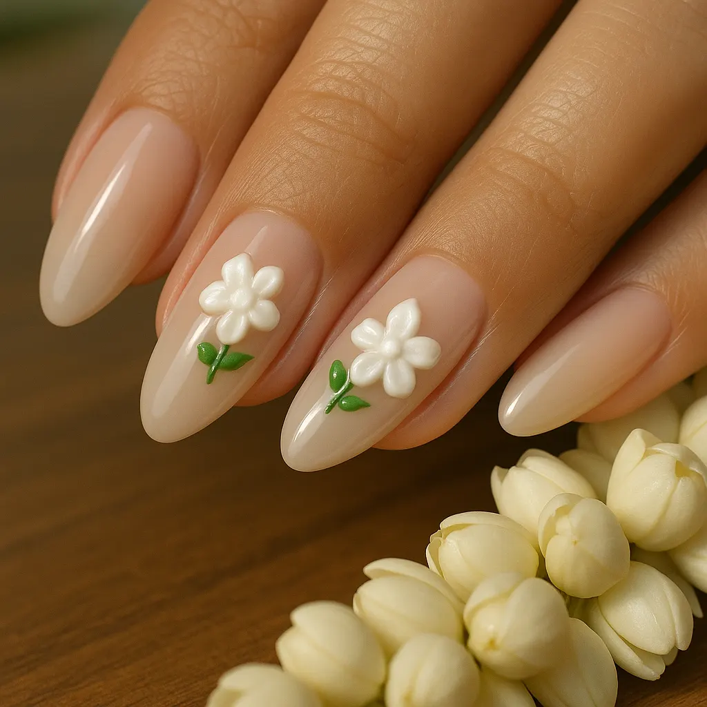 Long almond nails in milky nude with raised white sampaguita flowers and green leaves on two nails, on light mestiza skin beside sampaguita blooms.