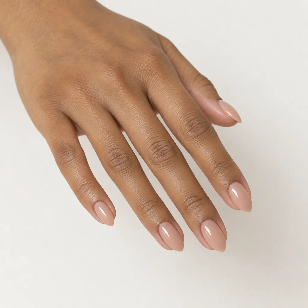 Medium almond nails in a warm bare nude, the sides tapering to a soft rounded peak, on warm brown skin.