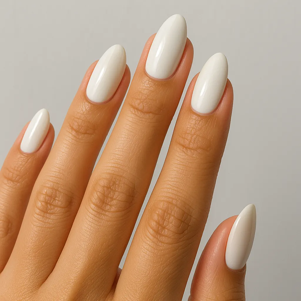 Medium almond nails in an opaque milky white, on warm tan skin against a light grey background.