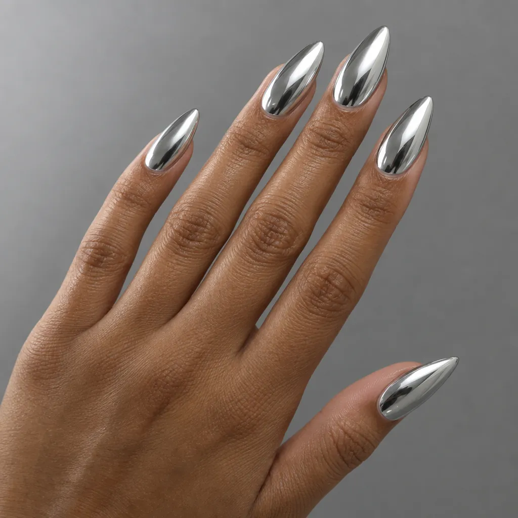 Long almond nails in a mirror silver chrome, on warm brown skin.
