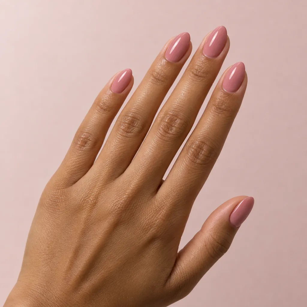 Short almond nails in a dusty rose pink, on tan skin.