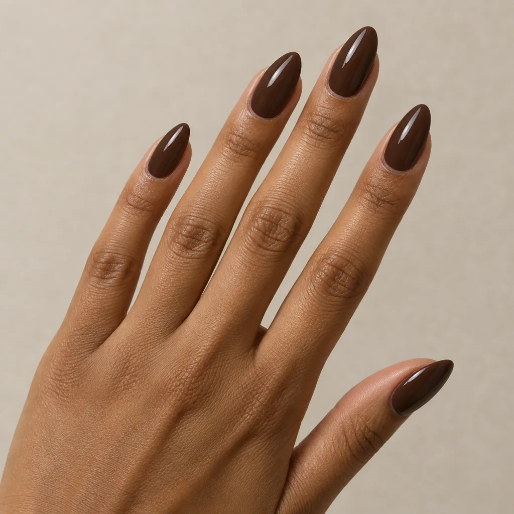 Medium almond nails in a dark chocolate brown, on warm brown skin.
