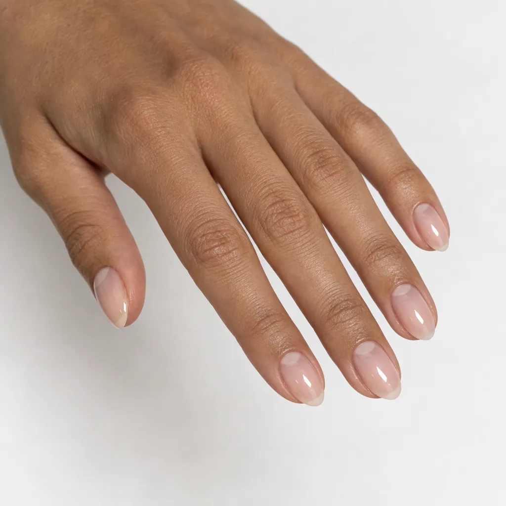 Short almond nails in a sheer glaze over the natural nail, the half moon showing through, on tan skin.