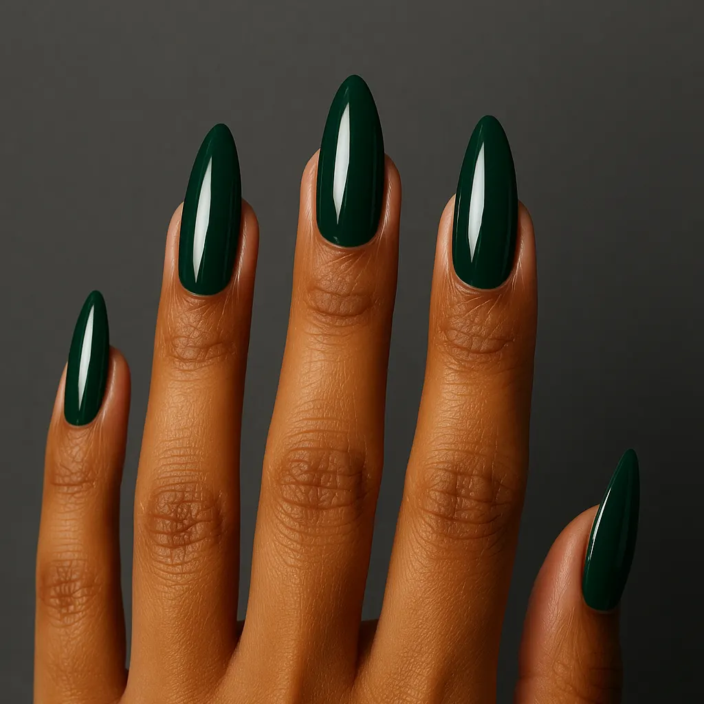 Long almond nails in glossy deep emerald green, on medium brown skin, the fingers spread against a charcoal wall.