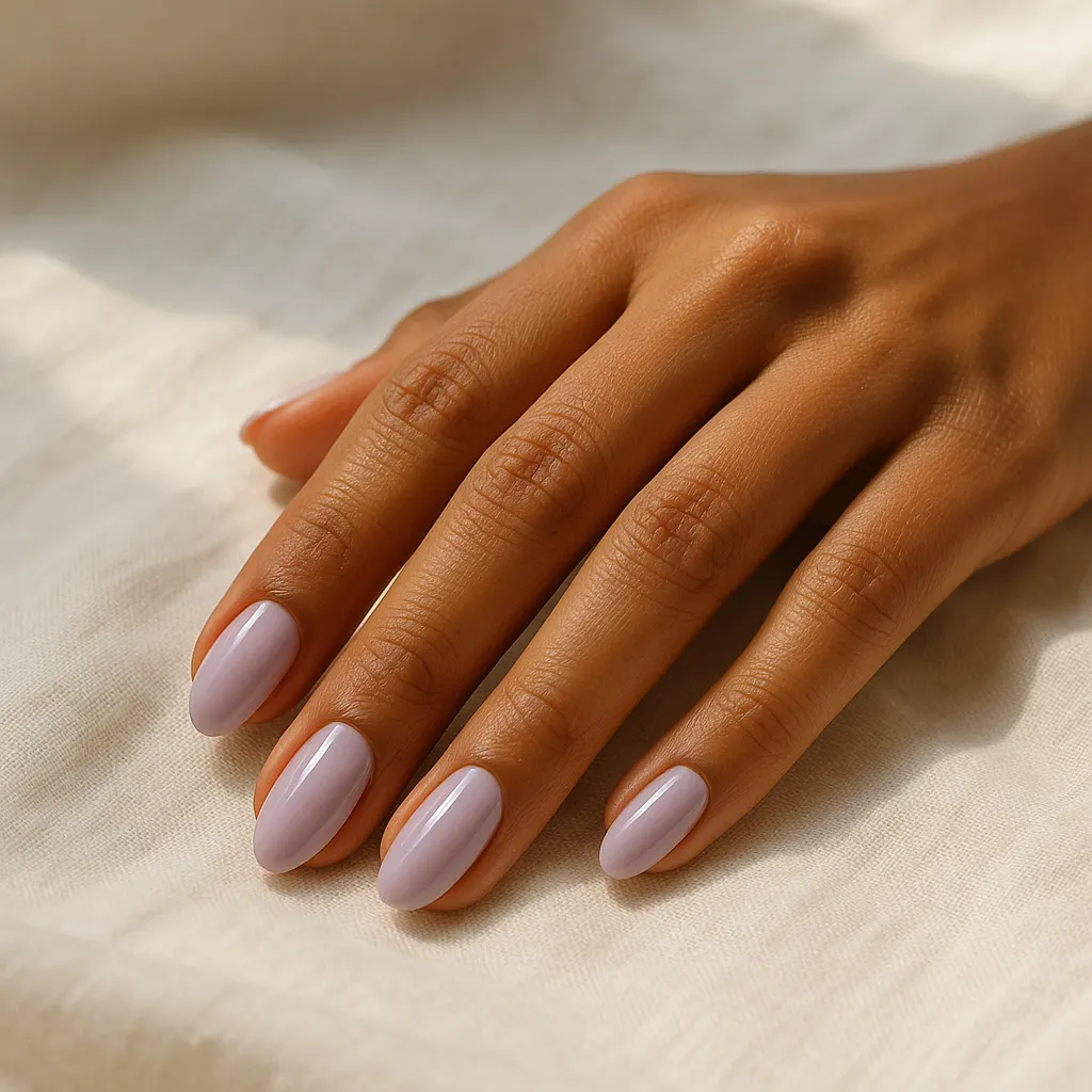 Medium almond nails in soft pastel lilac cream polish on morena skin, resting on cream linen.