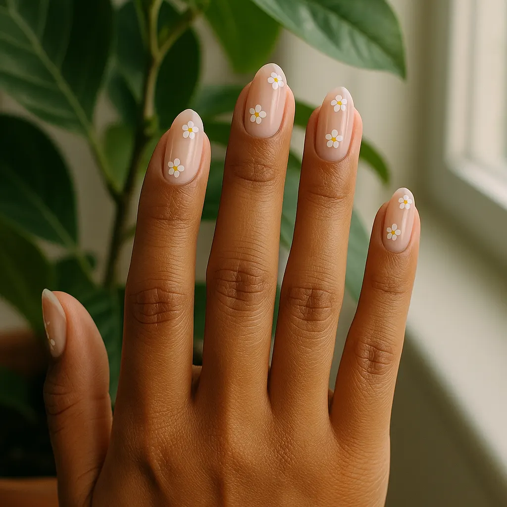 Medium almond nails with a sheer pale pink base and tiny white five petal flowers with yellow centres on morena skin, in front of green leaves.