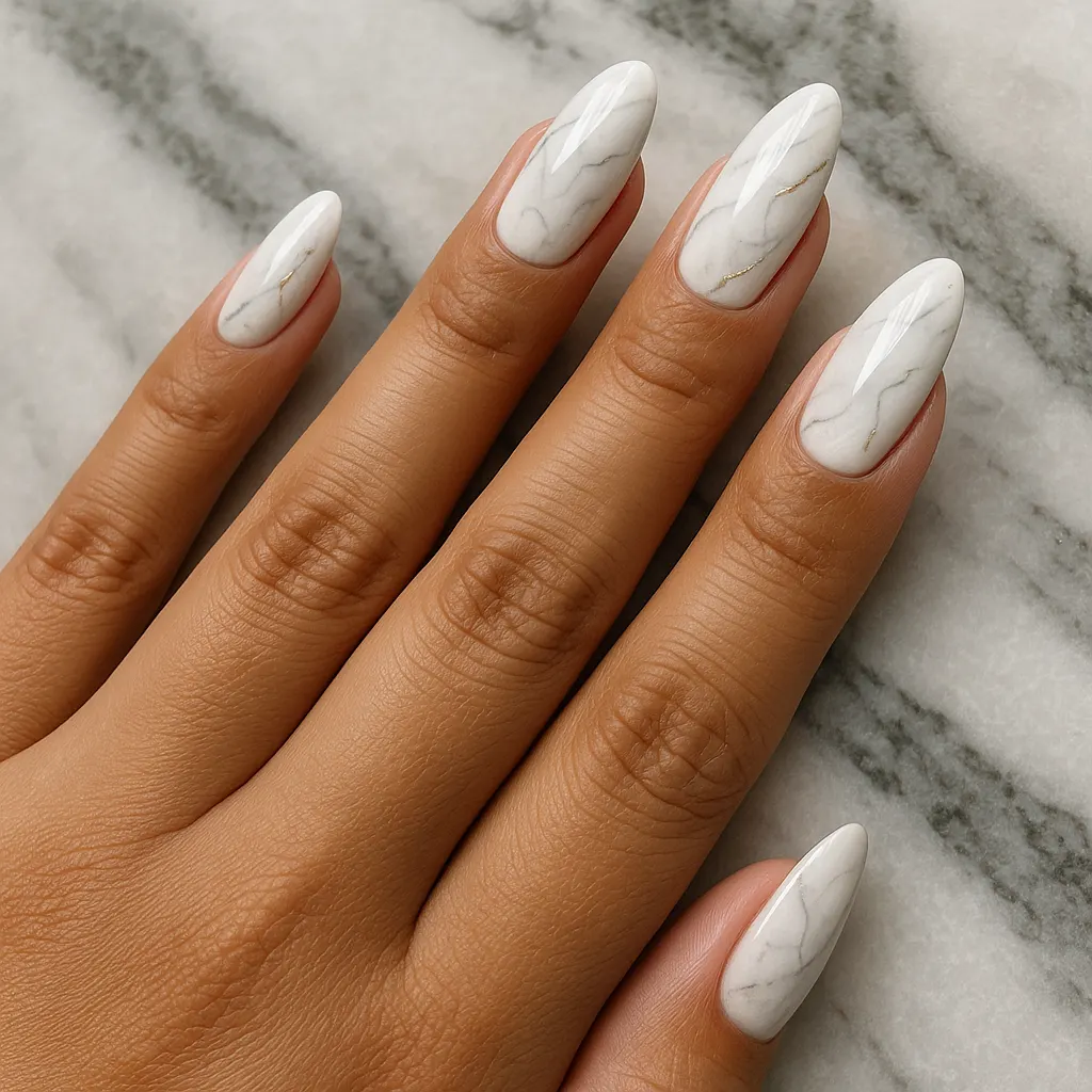 Long almond nails with white marble art, milky white with soft grey veins and fine gold lines, on light mestiza skin over grey and white marble.