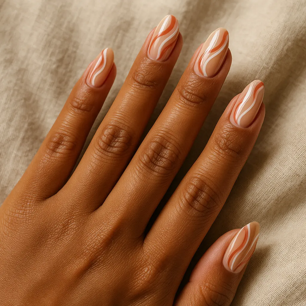 Medium almond nails with a nude base and flowing terracotta, peach and white swirls on morena skin, resting on beige linen.