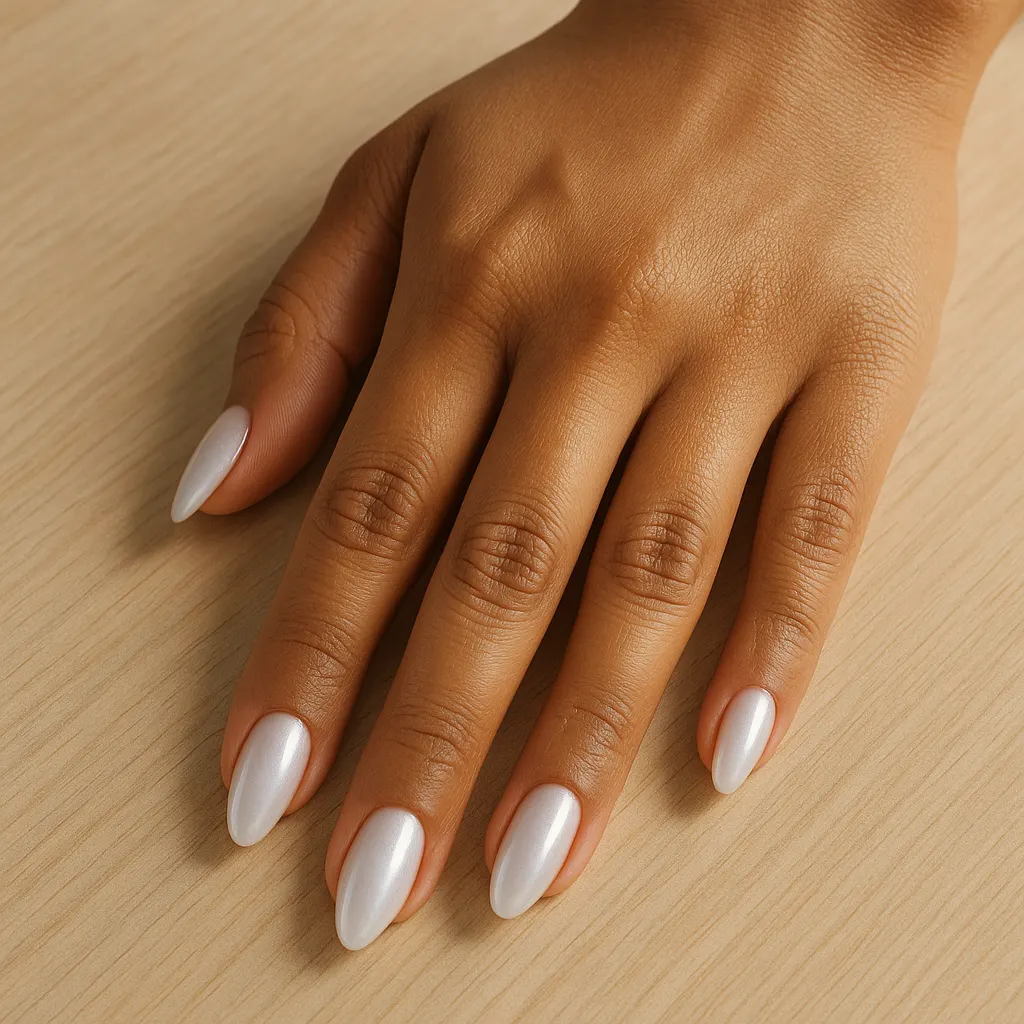 Medium almond nails with a white pearl chrome shimmer on warm tan skin, hand resting flat on a light wooden table.