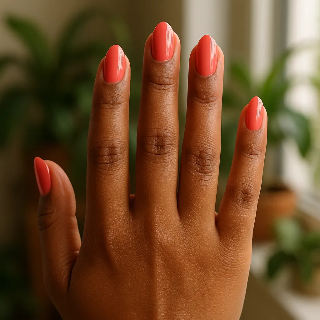 Short almond nails in bright glossy coral on deep brown kayumanggi skin, fingers raised in front of blurred green plants.