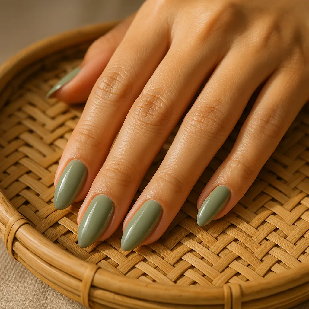 Medium almond nails in muted sage green cream polish on light mestiza skin, resting on a woven rattan tray.