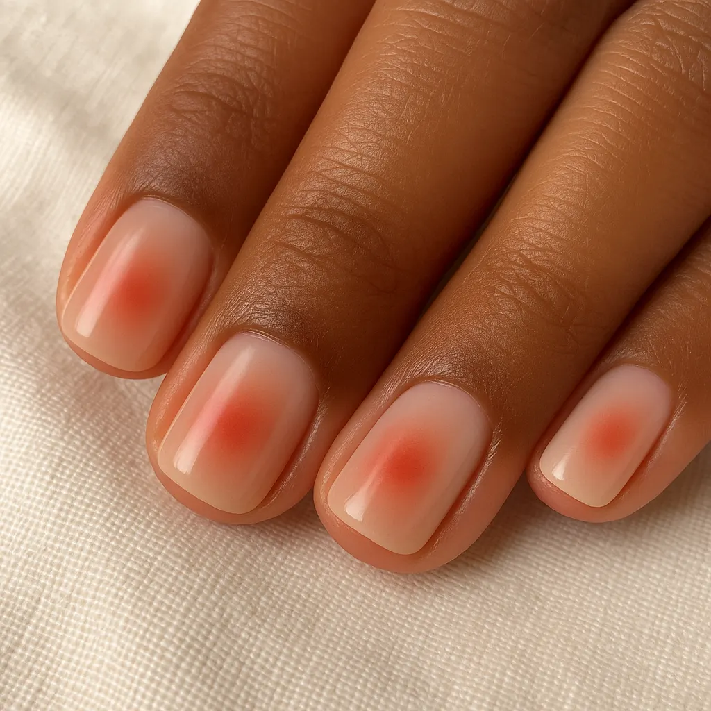 Short squoval nails in sheer nude with a soft red glow in the centre, on morena skin against cream linen.
