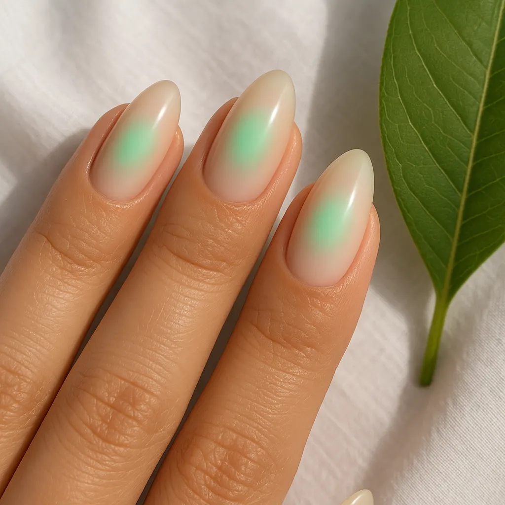 Long almond nails in sheer nude with a blurred mint green glow, on light mestiza skin beside a green leaf.