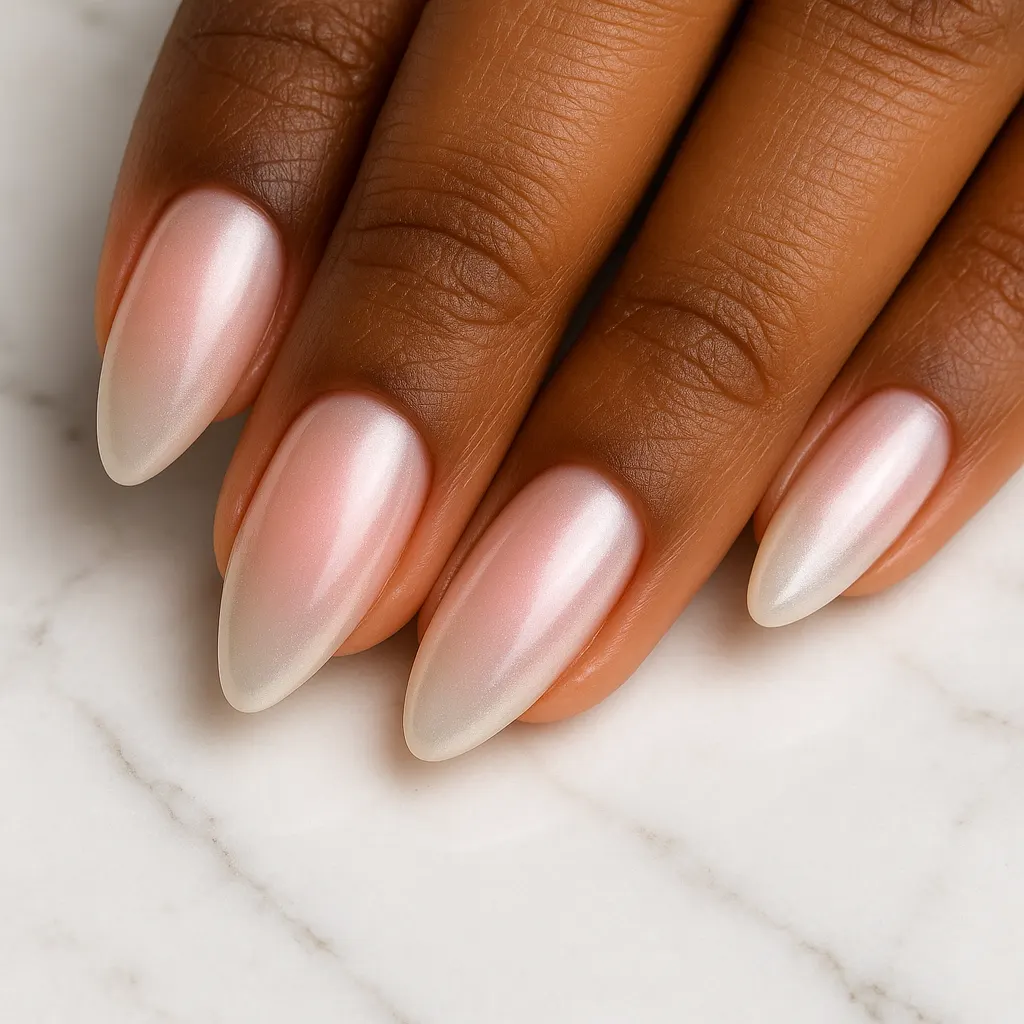 Long almond nails with a soft pink glow under a pearly glazed top coat, on kayumanggi skin over white marble.