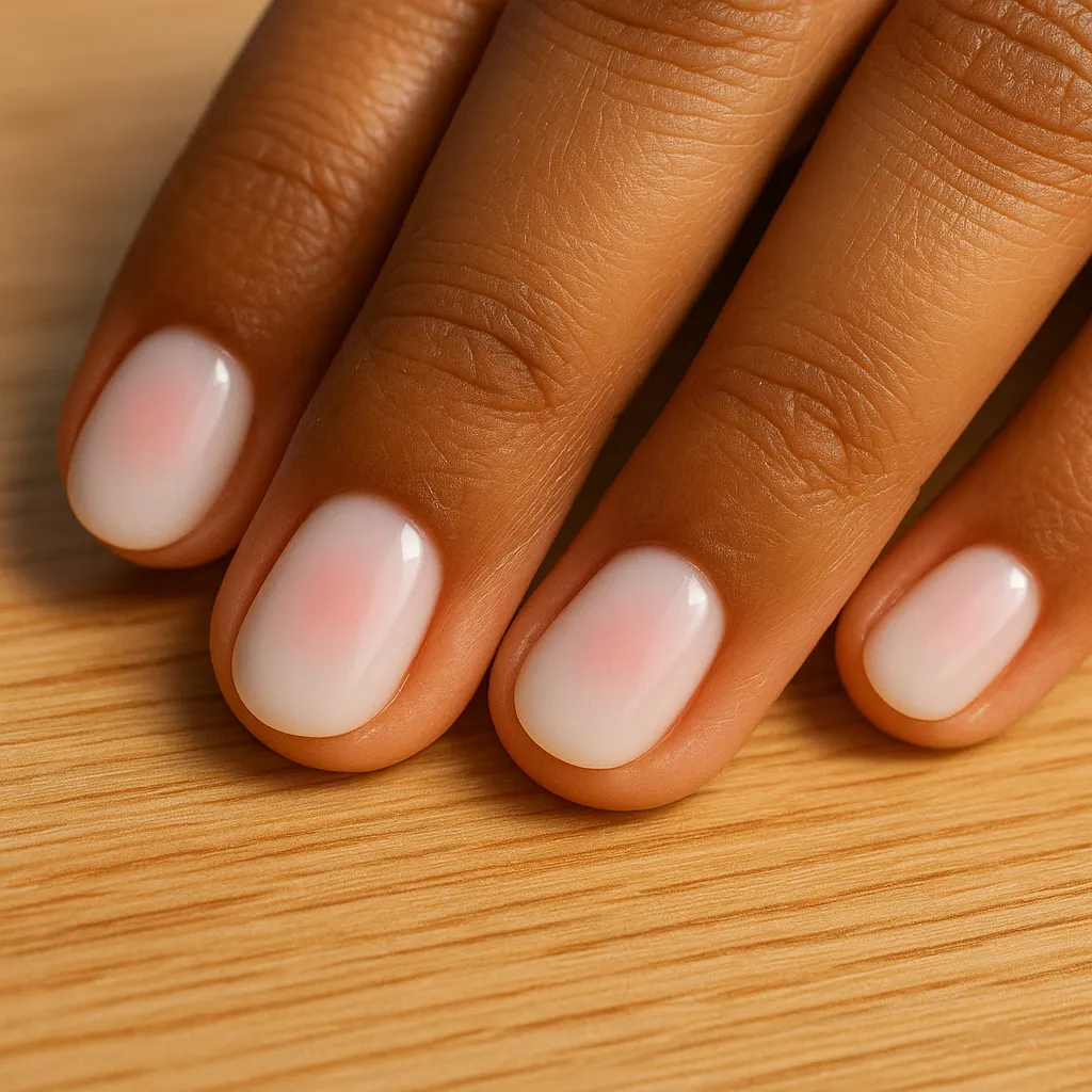 Short round nails in milky white with a small soft pink glow, on morena skin over light oak.