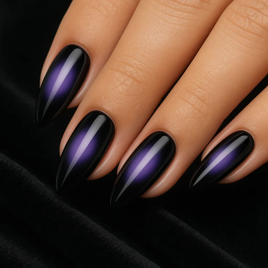 Long almond nails in glossy black with a violet glow in the centre, on light mestiza skin against black velvet.