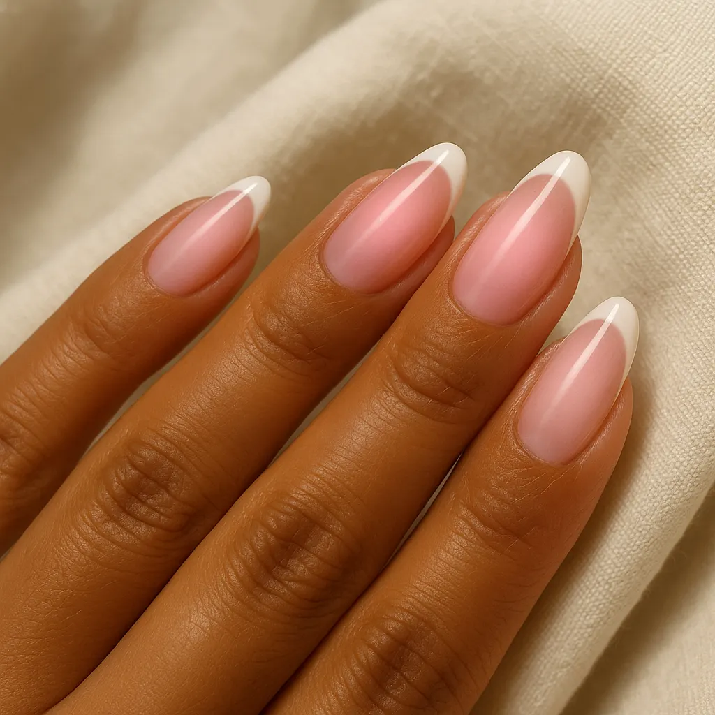 Medium almond nails with a soft pink glow and a thin white French tip, on warm tan skin against cream linen.