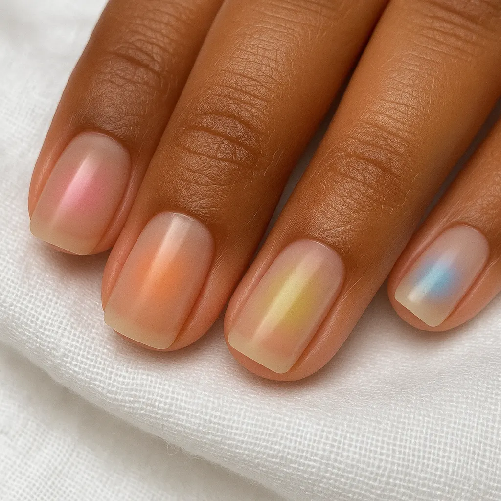 Short square nails, each with a different soft glow in pink, peach, yellow and blue, on warm tan skin against white linen.