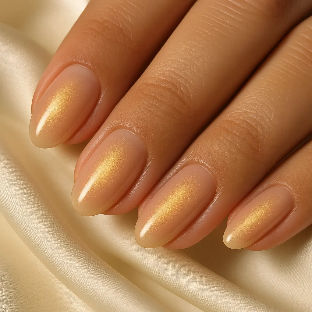 Long almond nails in sheer nude with a golden shimmer glow down the centre, on light mestiza skin over cream silk.