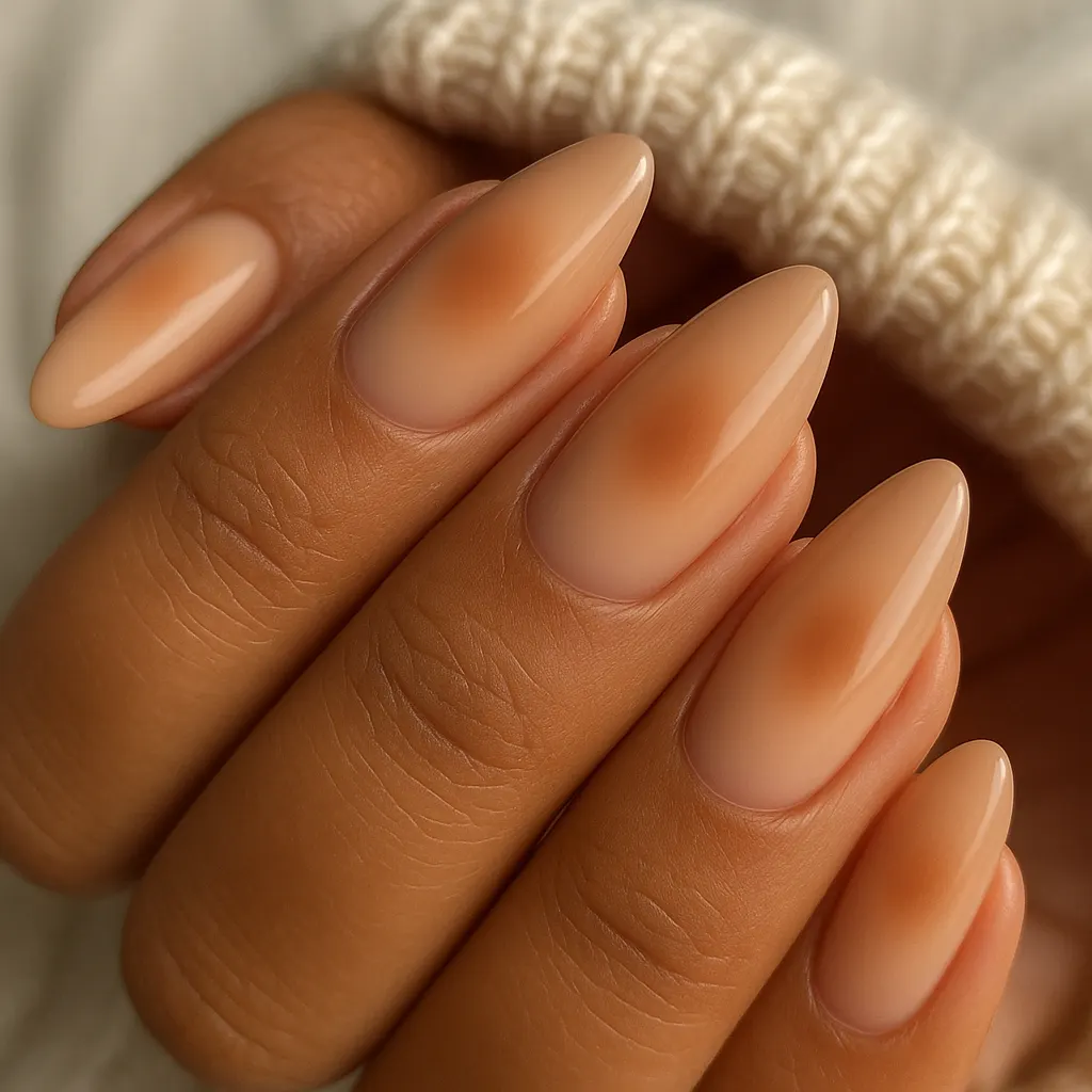 Long almond nails in warm nude with a soft caramel glow in the centre, on kayumanggi skin against a cream knit.