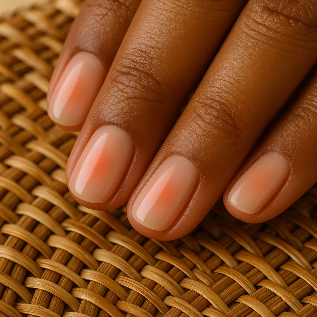 Short squoval nails in sheer nude with a coral glow in the centre, on morena skin over rattan.