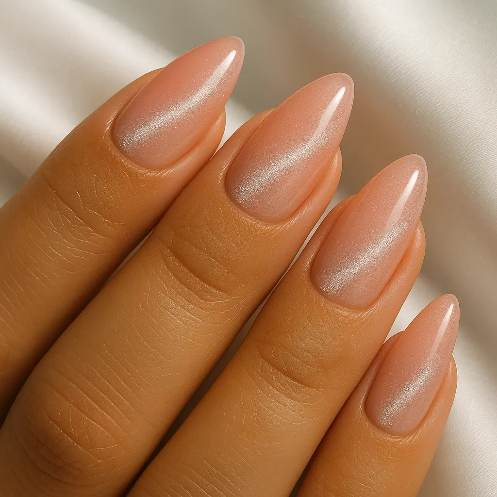 Long almond nails in sheer pink nude with a fine silver cat eye shimmer down each nail, on light mestiza skin over white satin.