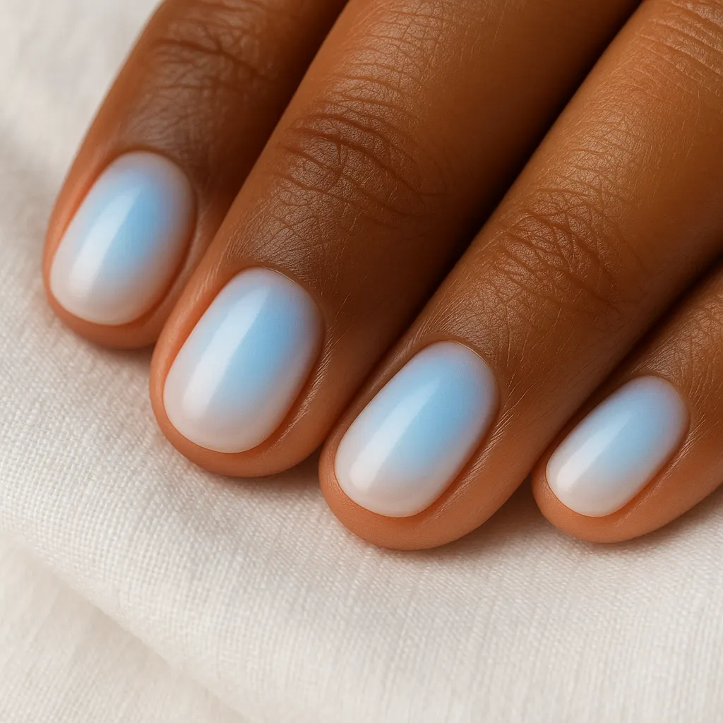 Short round nails in milky white with a baby blue glow in the centre, on kayumanggi skin against white linen.