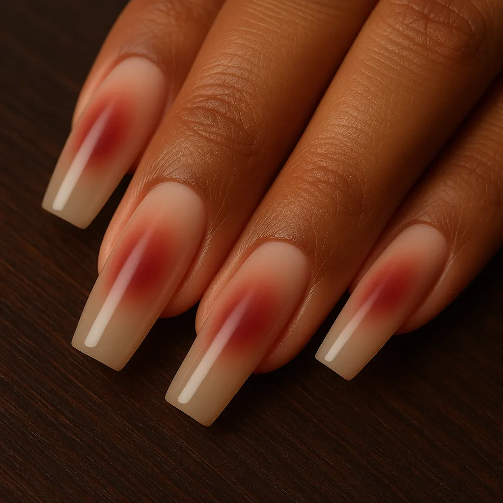 Long coffin nails in sheer nude with a deep burgundy glow, on morena skin over dark wood.