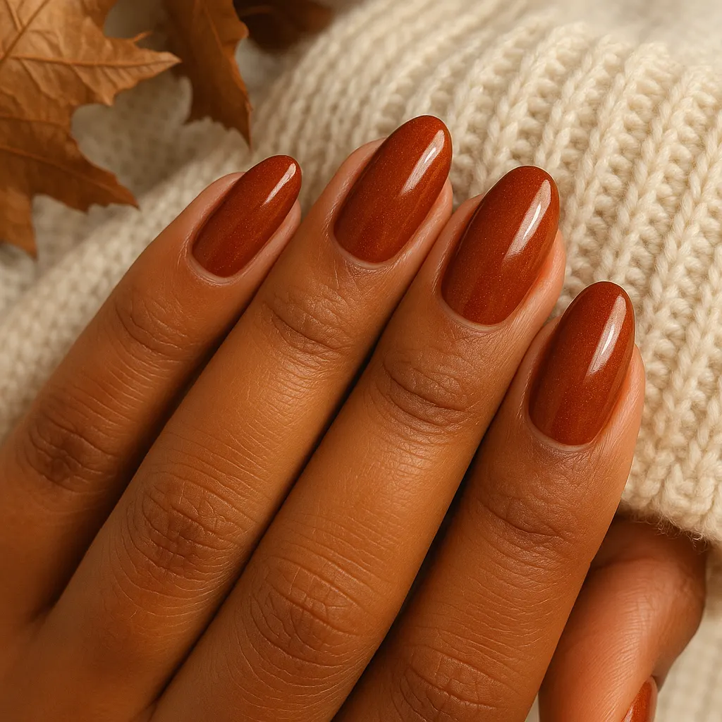 Medium almond nails in glossy burnt orange with a fine shimmer, on morena skin against a cream knit sweater and dried leaves.