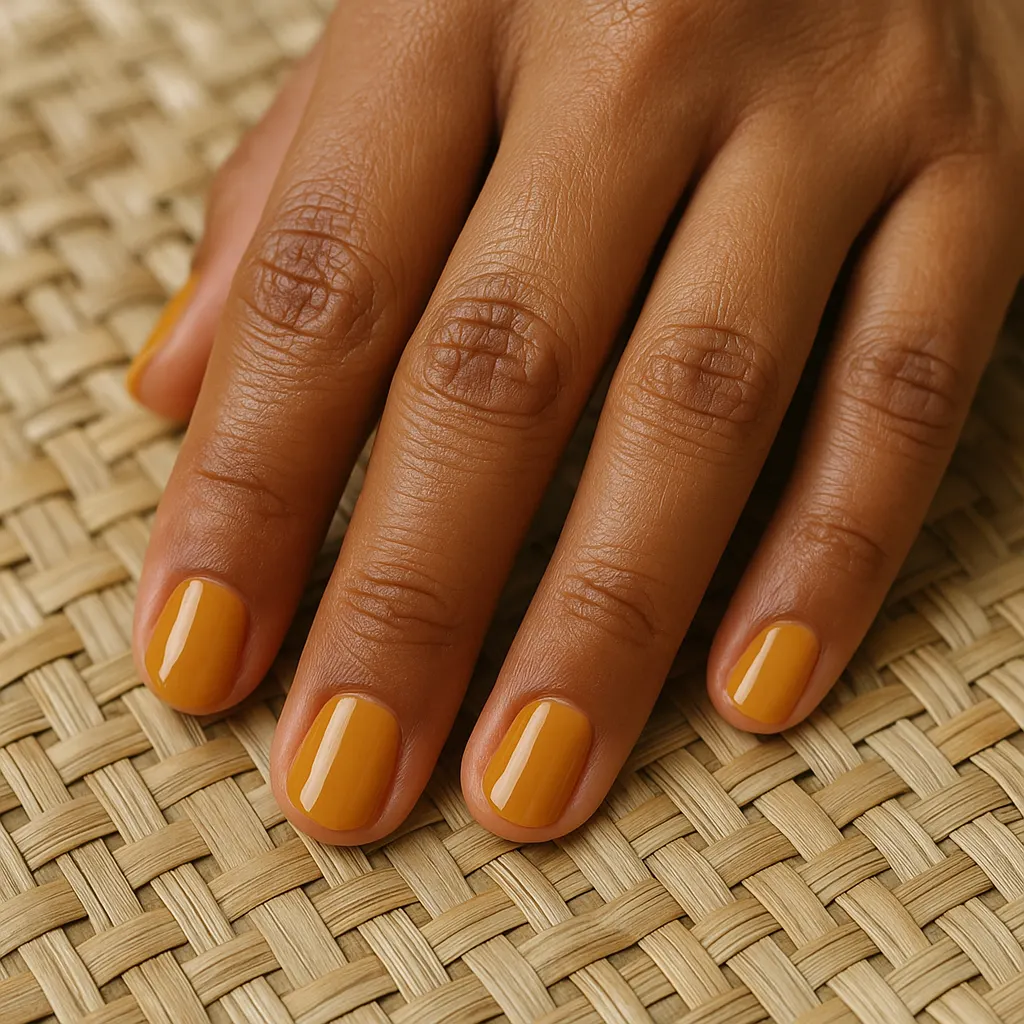 Short round nails in glossy mustard yellow, on morena skin over a woven rattan mat.