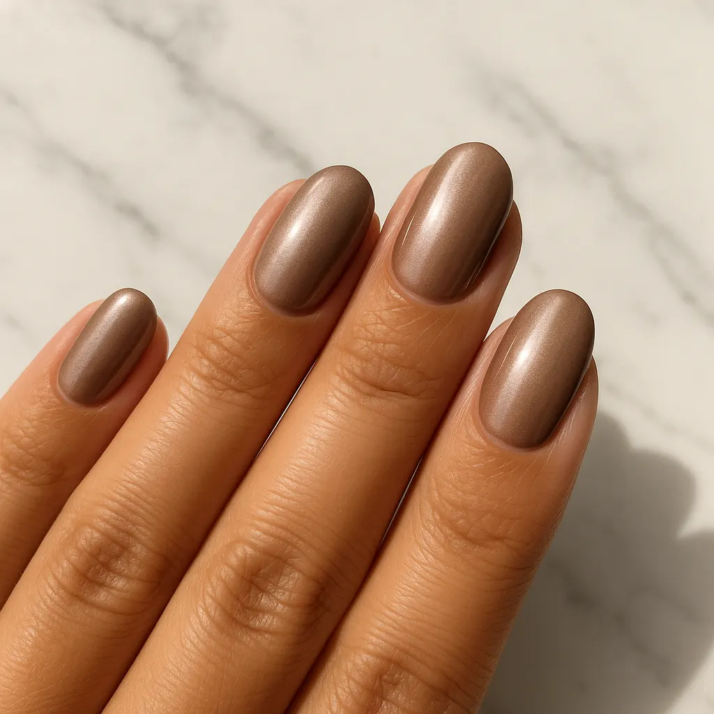 Medium oval nails in a mocha brown chrome with a soft metallic glaze, on light mestiza skin over white marble.