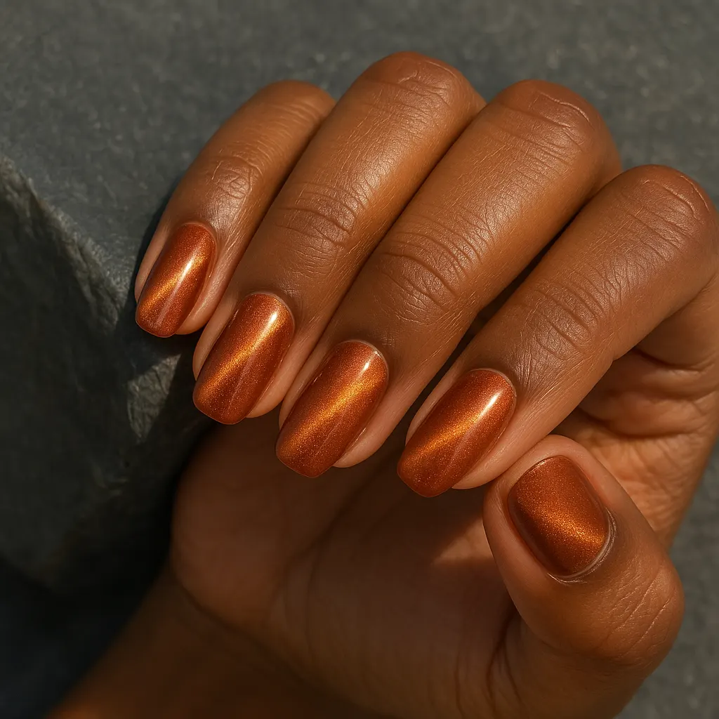 Short oval nails in copper cat eye gel with a band of light across each nail, on kayumanggi skin against grey stone.