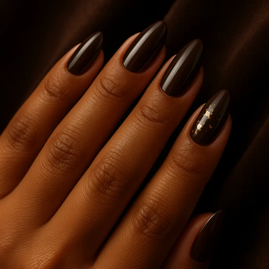 Medium almond nails in glossy dark chocolate brown with a few gold flakes on one nail, on medium brown skin against dark brown velvet.