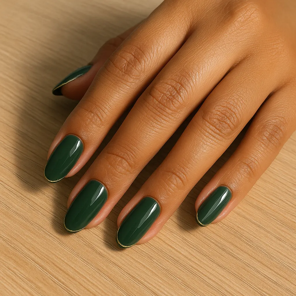 Medium almond nails in deep forest green with a fine gold line at the free edge, on warm tan skin over light oak.