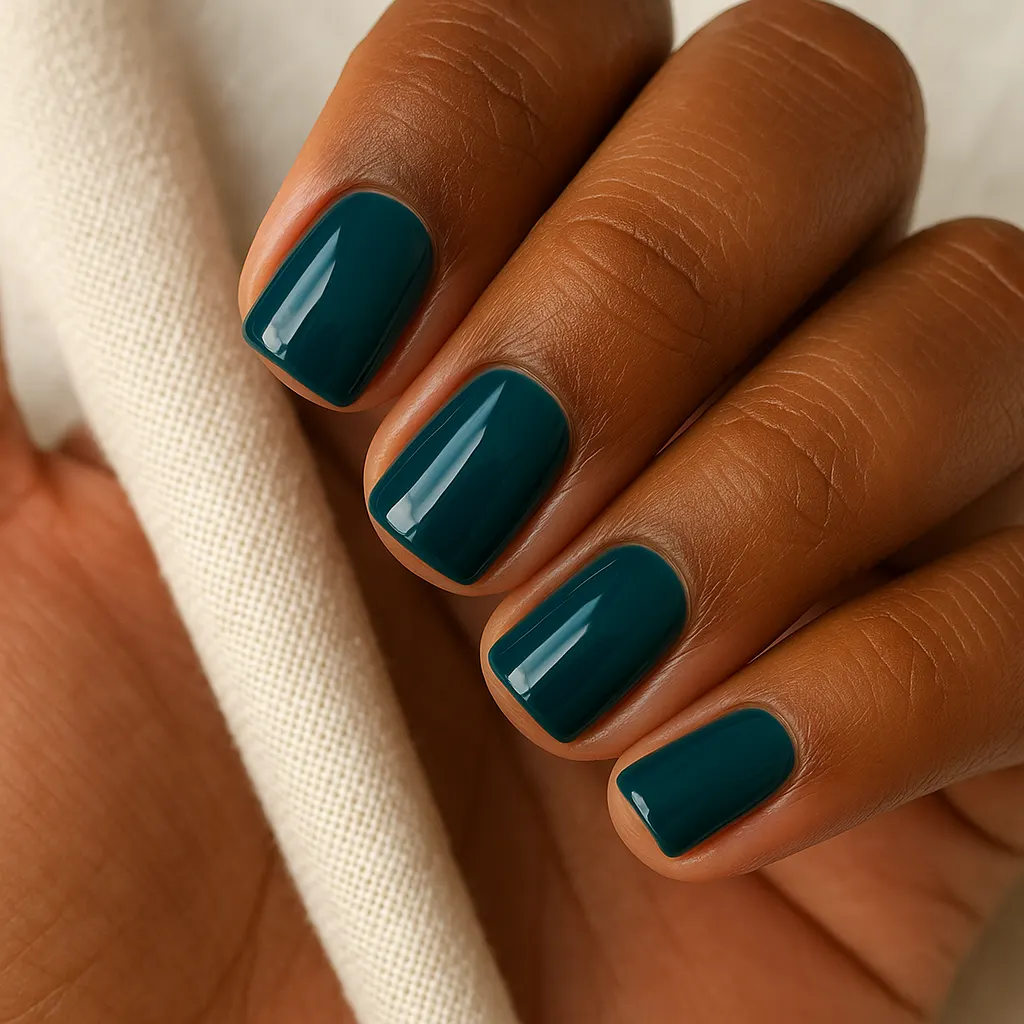 Short square nails in glossy deep teal, on kayumanggi skin against cream linen.