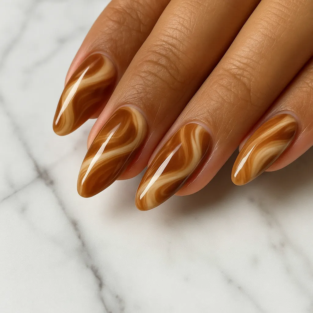 Medium almond nails in glossy caramel and cream swirled marble, on light mestiza skin over white marble.
