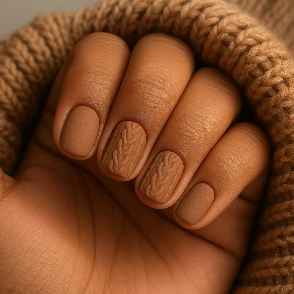 Short squoval nails in matte camel with a raised cable knit texture on two nails, on morena skin against a brown knit.